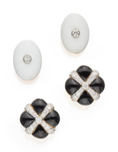 View full screen - View 1 of Lot 13. TWO PAIRS OF ENAMEL AND DIAMOND EARCLIPS, DAVID WEBB.