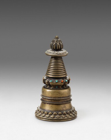 View full screen - View 1 of Lot 107. A copper-alloy stupa Tibet, 13th century | 西藏 十三世紀 銅合金佛塔.