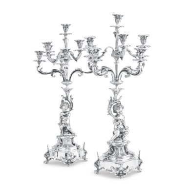 View full screen - View 1 of Lot 37. A pair of electroplate eight-light candelabra, Continental, probably late 19th century.