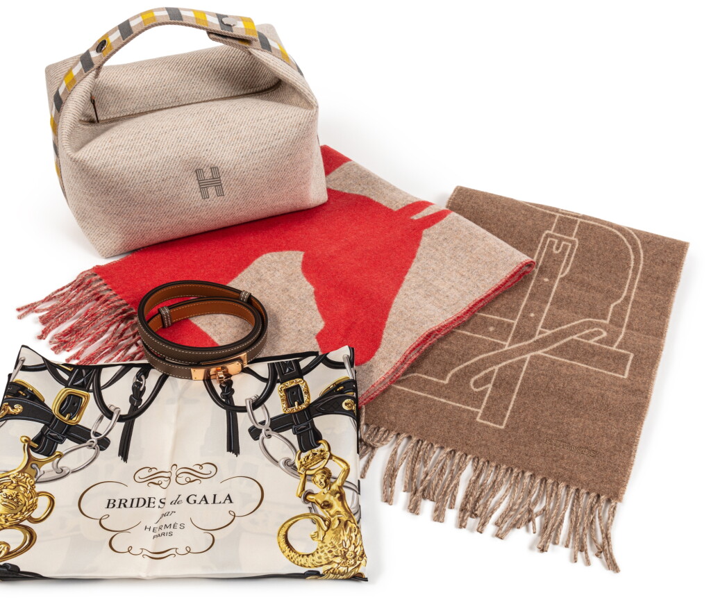 View full screen - View 1 of Lot 705. Set of Five Bride a Brac Case, Kelly Belt and Scarves.
