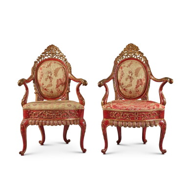 View full screen - View 1 of Lot 51. A Pair of Iberian Rococo Parcel-Gilt and Red Lacquered Armchairs, Mid-18th Century.