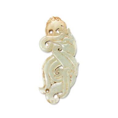 View full screen - View 1 of Lot 884. A jade 'dragon and phoenix' pendant, Western Han dynasty or later 西漢或以後 玉龍鳳紋珮.