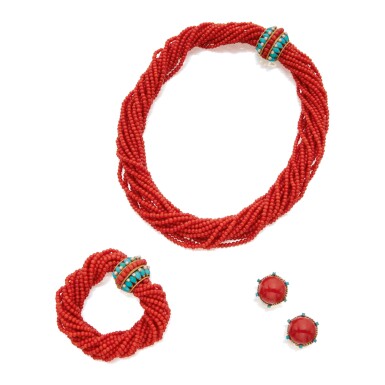 View full screen - View 1 of Lot 233. CORAL, TURQUOISE AND SEED PEARL SUITE OF JEWELS.