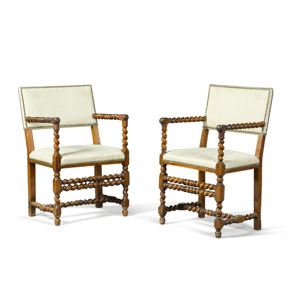 View full screen - View 1 of Lot 28. A near pair of Flemish walnut armchairs, 17th century.