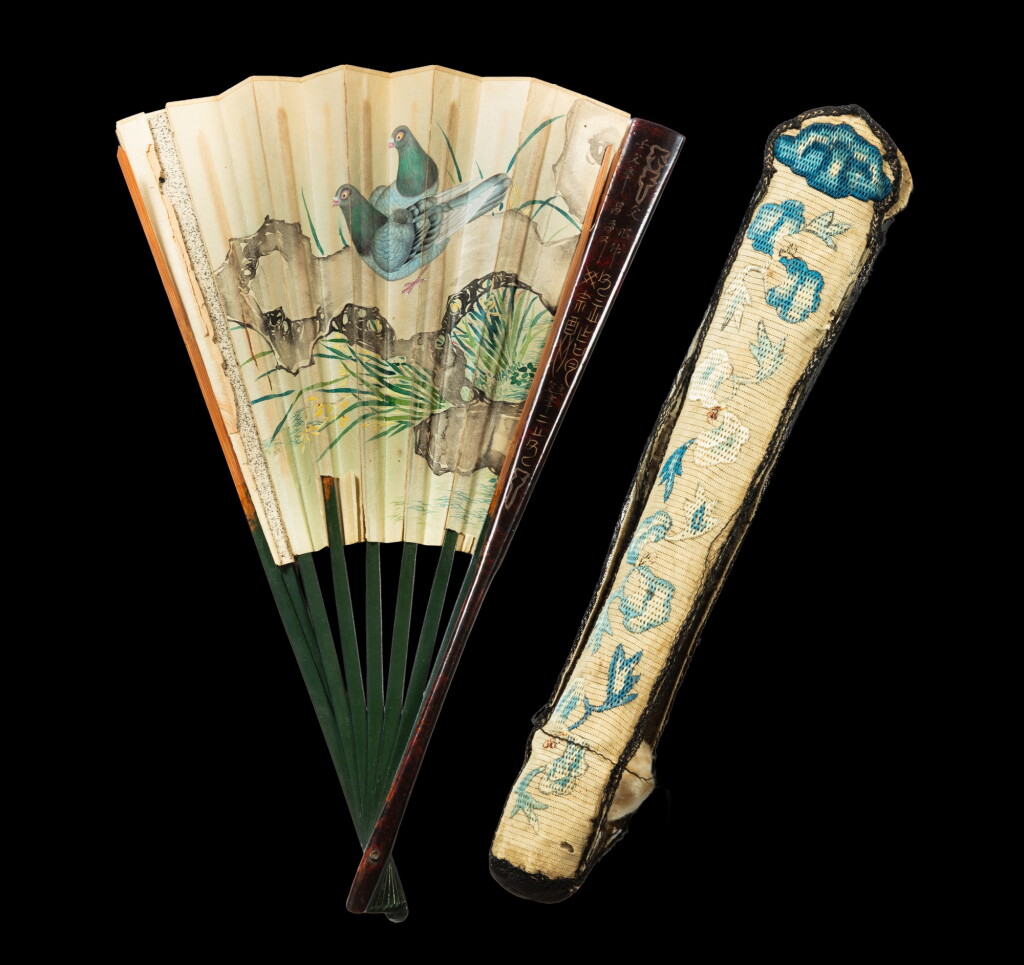 View full screen - View 1 of Lot 52. A painted fan with lacquer ends, 19th / 20th century.