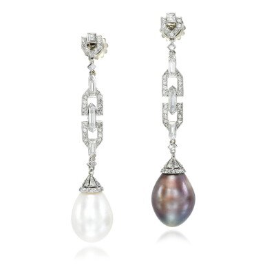 View full screen - View 1 of Lot 18. Van Cleef & Arpels | Pair of natural pearl and diamond earrings, 1920s.
