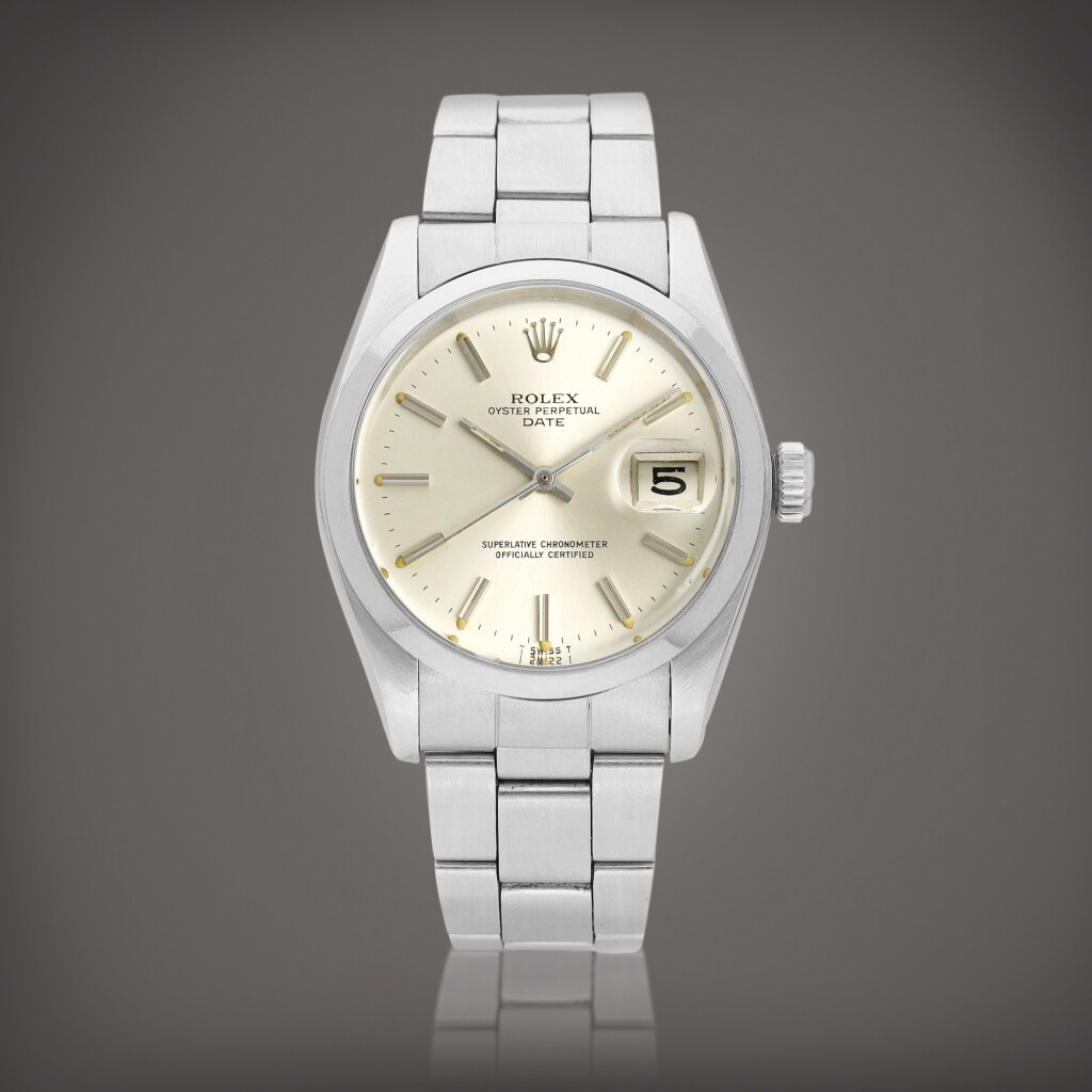 View full screen - View 1 of Lot 8854. Oyster Perpetual Date, Reference 1500 | A stainless steel wristwatch with date and bracelet, Circa 1980 | 勞力士 | Oyster Perpetual Date 型號1500 精鋼鏈帶腕錶,備日期顯示,約1980年製.