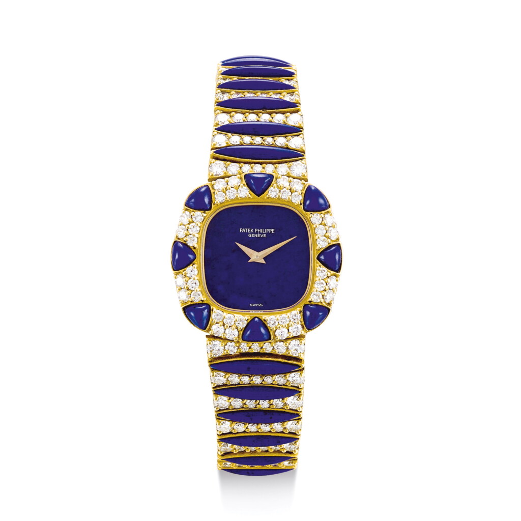 View full screen - View 1 of Lot 2212. PATEK PHILIPPE | REFERENCE 4398/4 A SUITE OF YELLOW GOLD, LAPIS LAZULI AND DIAMOND-SET BRACELET WATCH WITH A RING AND A PAIR OF EARRINGS, MADE IN 1978 " | 百達翡麗 | 型號4398/4 黃金鑲青金石及鑽石鏈帶腕錶套裝,備戒指一枚及耳環一對,機芯編號1392397,錶殼編號2760707,1978年製 ".