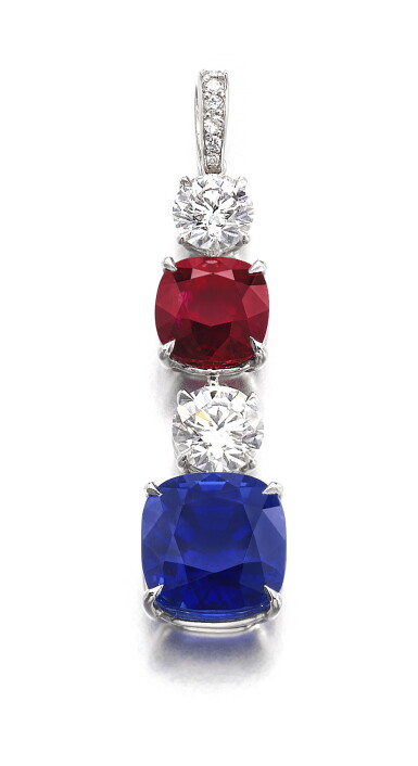 View full screen - View 1 of Lot 123. Sapphire, ruby and diamond pendant | 藍寶石配紅寶石及鑽石吊墜.