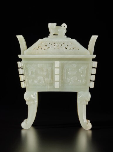 View full screen - View 1 of Lot 294. An archaistic pale celadon jade censer and cover (Fang ding), Qing dynasty, Qianlong period | 清乾隆 青白玉雕仿古饕餮紋方鼎式熏爐.