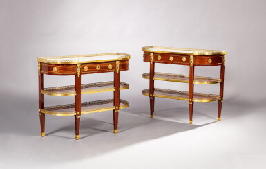 View full screen - View 1 of Lot 8. A pair of late Louis XVI satinwood veneered and gilt-bronze mpunt consoles dessertes, after 1785, stamped by Jean-André Artzt | Paire de consoles dessertes en placage de satiné et monture de bronze doré d'époque Louis XVI, après 1785, estampille de Jean-André Artzt.
