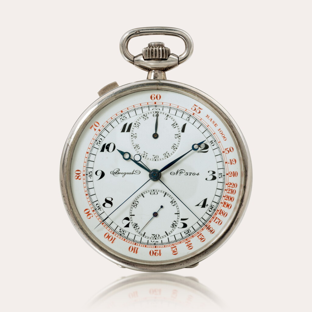 View full screen - View 1 of Lot 15. A very fine silver single button split-seconds keyless lever chronograph watch with 60-minute register awarded 1st Class Certificate at the Bescançon Observatory, with original fitted presentation case .