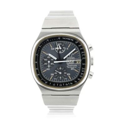 View full screen - View 1 of Lot 47. Reference 176.0014 Speedmaster 'TV Dial' A stainless steel automatic cushion shaped chronograph wristwatch with day, date and bracelet, Circa 1979.