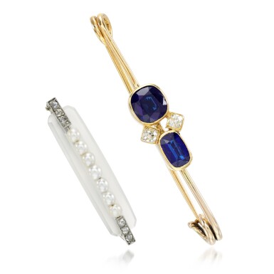 View full screen - View 1 of Lot 190. Chalcedony, seed pearl and diamond brooch, Georges L'Enfant and a sapphire and diamond brooch, circa 1910.