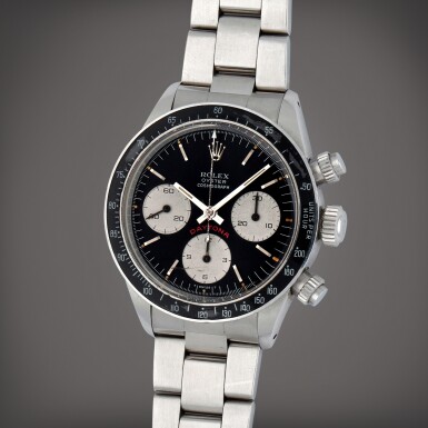 View full screen - View 1 of Lot 92. Daytona 'Big Red', Reference 6263 A stainless steel chronograph wristwatch with bracelet Circa 1978.