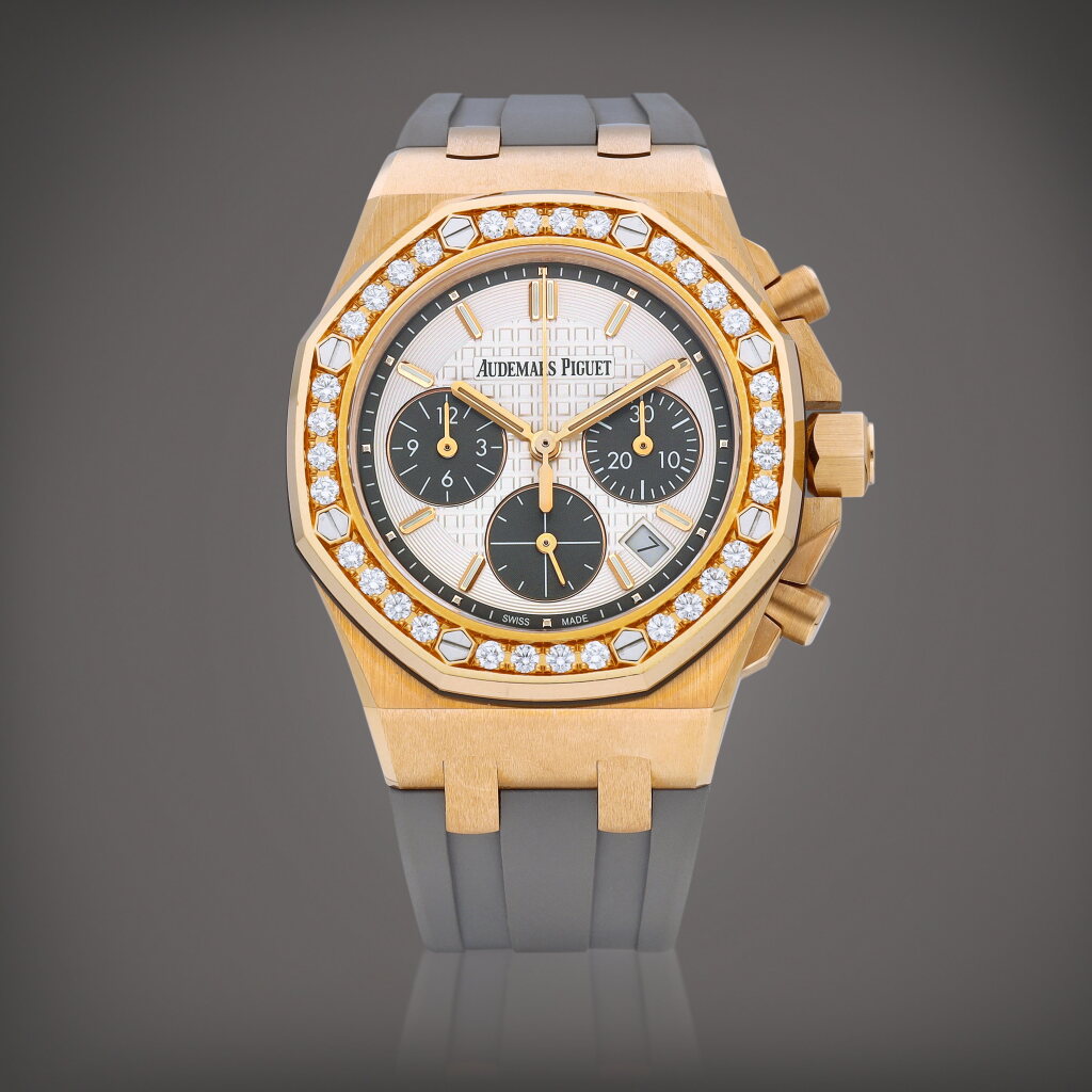 View full screen - View 1 of Lot 2204. Royal Oak Offshore, Reference 26231OR.ZZ.D003CA.01 | A pink gold and diamond-set chronograph wristwatch with date, Circa 2018 | 愛彼 | 皇家橡樹離岸型系列 型號26231OR.ZZ.D003CA.01 | 粉紅金鑲鑽石計時腕錶,備日期顯示,約2018年製.
