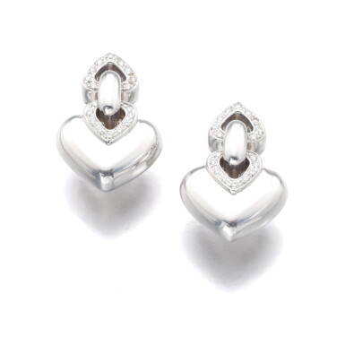 View full screen - View 1 of Lot 588. BULGARI | PAIR OF GOLD AND DIAMOND EAR CLIPS, 'DOPPIO CUORE'.