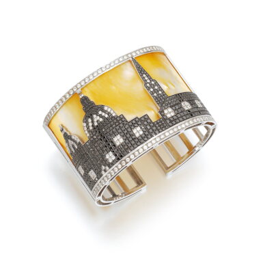 View full screen - View 1 of Lot 868. Mother-of-pearl and diamond bangle.