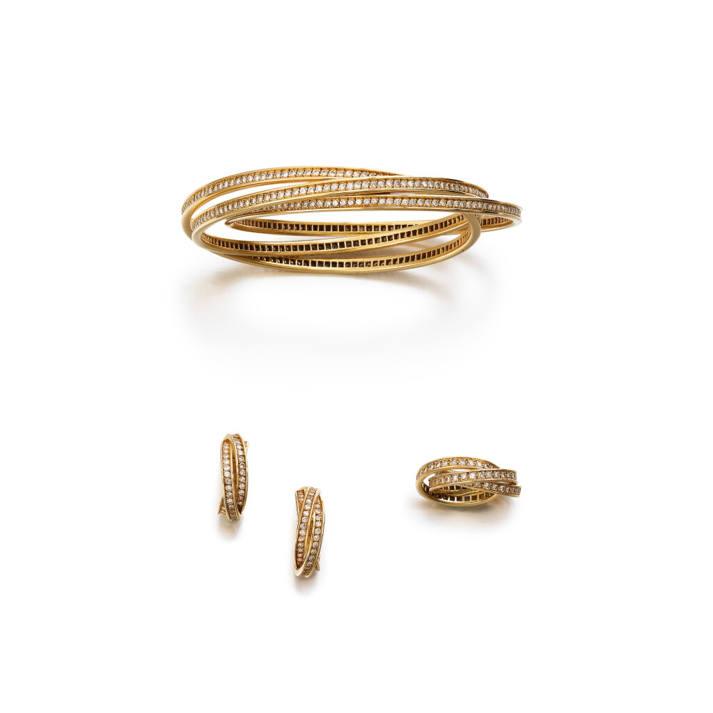 View full screen - View 1 of Lot 138. Ensemble or et diamants, "Trinity" | Gold and diamond set, 'Trinity'.