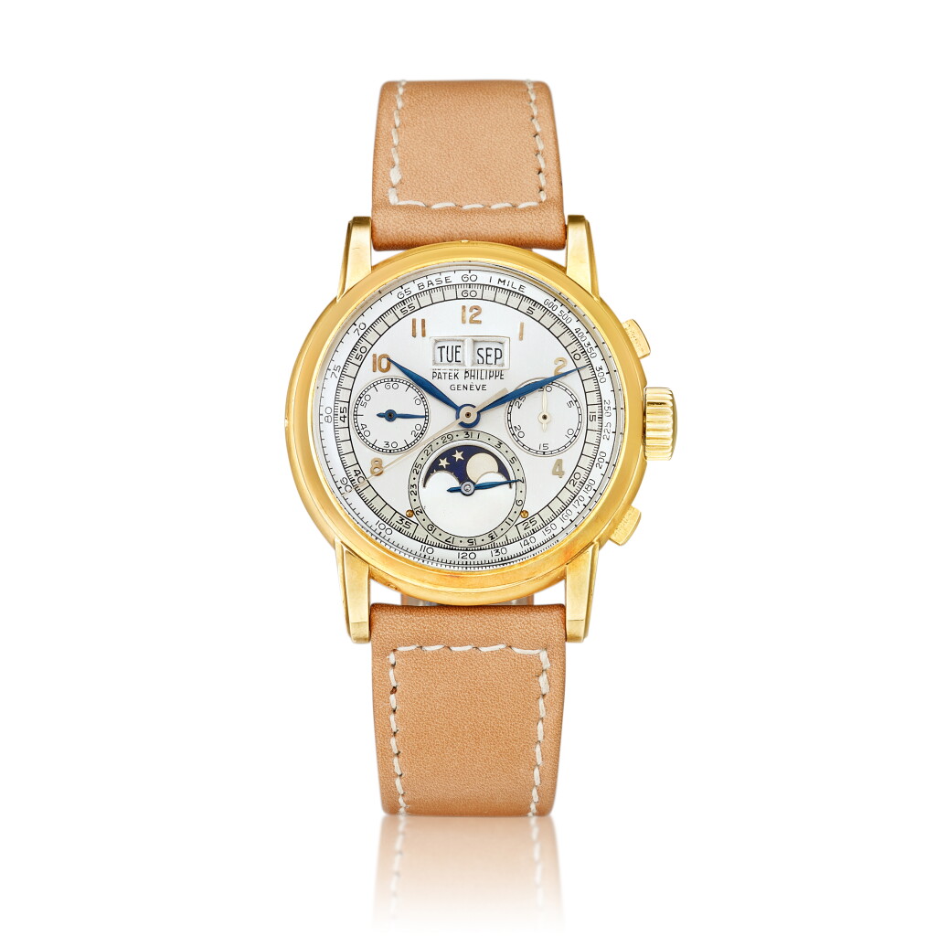 View full screen - View 1 of Lot 2262. Reference 2499 "First series" A yellow gold perpetual calendar chronograph wristwatch with moon phases and Wenger case, Made in 1953 | 百達翡麗 | 型號2499 "First series" | 黃金萬年曆計時腕錶 ,備月相顯示及 Wenger 錶殼,1953年製.