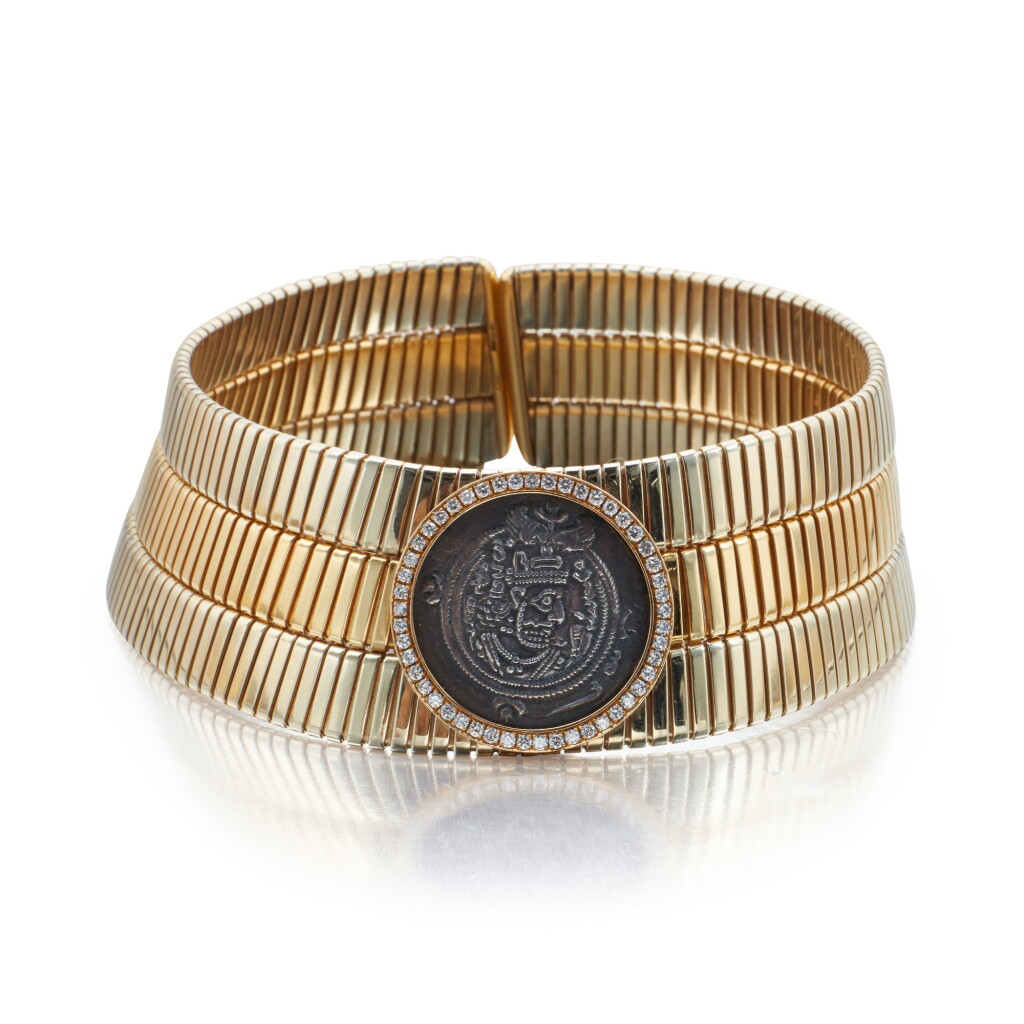 View full screen - View 1 of Lot 36. Bulgari | Tri-Color Gold, Antique Coin and Diamond 'Monete' Choker .