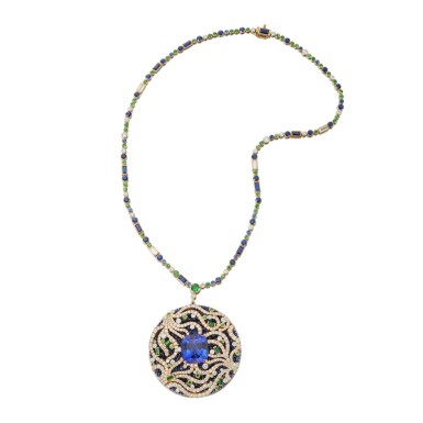 View full screen - View 1 of Lot 413. Tanzanite, Tsavorite, Garnet and Diamond Pendant-Necklace.