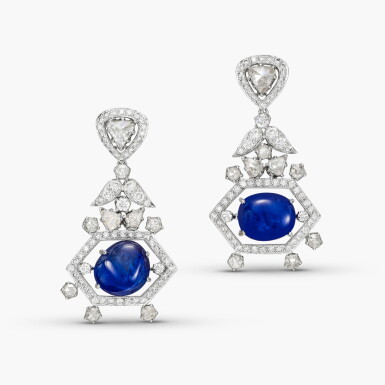 View full screen - View 1 of Lot 1344. Pair of Sapphire and Diamond Pendent Earrings | 12.93及10.93克拉 天然「 緬甸」未經加熱 藍寶石 配 鑽石 耳墜 一對.