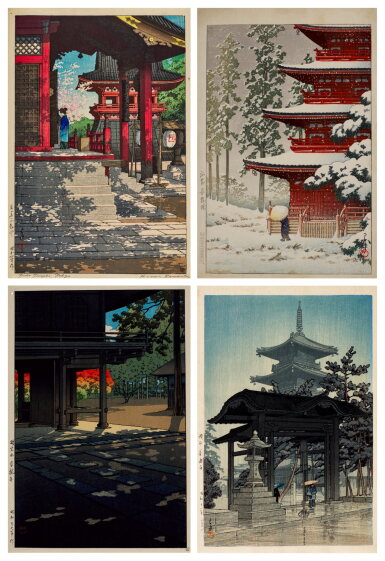 View full screen - View 1 of Lot 126. Kawase Hasui (1883-1957) | Four woodblock prints depicting temples | Showa period, 20th century.