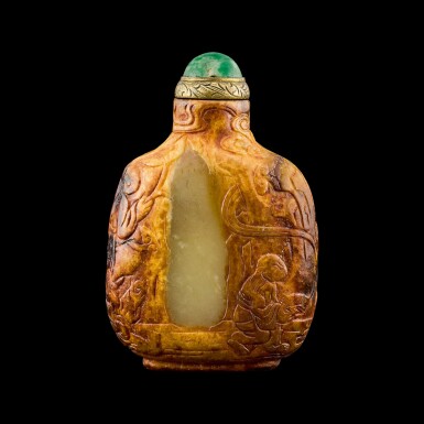 View full screen - View 1 of Lot 1053. A greenish-yellow and russet jade snuff bottle Master of the Rocks, Qing dynasty, 18th - 19th century | 清十八至十九世紀 青黃玉帶皮巧雕劉海戲金蟾鼻煙壺.
