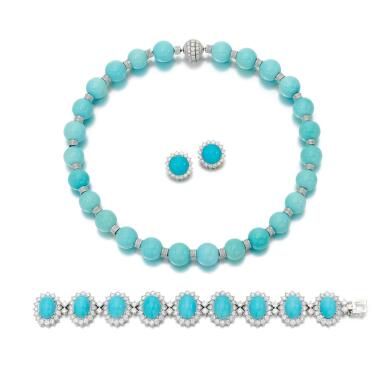 View full screen - View 1 of Lot 96. Turquoise and diamond necklace, and a turquoise and diamond demi-parure (Collana e demi-parure con turchesi e diamanti).