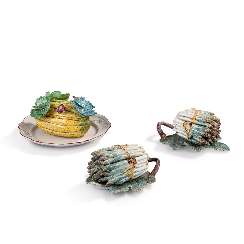 View full screen - View 1 of Lot 267. A Bayreuth fayence melon tureen and cover on fixed stand, circa 1765-70.