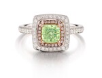 FANCY LIGHT YELLOW-GREEN DIAMOND AND DIAMOND RING | 1.03卡拉 古墊形 淡彩黃綠色鑽石 配 鑽石 戒指