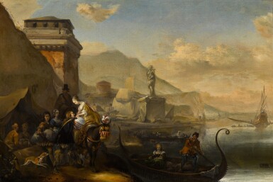 View full screen - View 1 of Lot 239. An Italianate harbour scene with elegant figures.