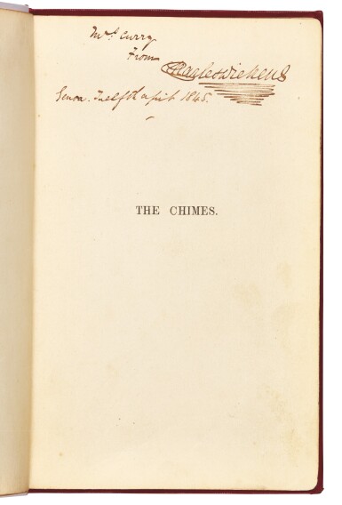 View full screen - View 1 of Lot 117. Dickens, The Chimes, 1845, eleventh edition, presentation copy inscribed to Mrs Curry, with autograph letter signed.