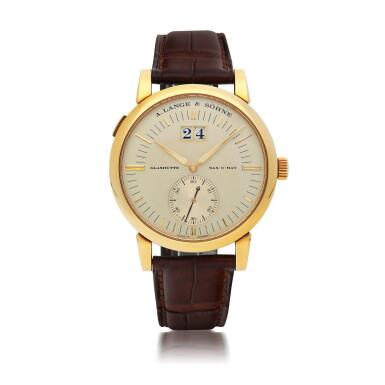 View full screen - View 1 of Lot 410. A. LANGE & SÖHNE | SAX-O-MAT, YELLOW GOLD WRISTWATCH WITH DATE CIRCA 2005.