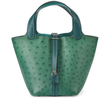View full screen - View 1 of Lot 5695. Limited Edition Bleu Cobalt Ostrich and Colvert Clemence and Turquoise Tri-color Picotin Lock 18 Palladium Hardware, 2014.
