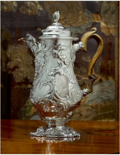 View full screen - View 1 of Lot 50. A GEORGE II SILVER COFFEE POT, PHILLIPS GARDEN, LONDON, 1752.