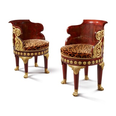 View full screen - View 1 of Lot 133. A PAIR OF EMPIRE STYLE GILT BRONZE-MOUNTED MAHOGANY DESK CHAIRS, LAST QUARTER 19TH CENTURY.