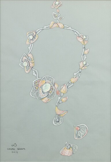 View full screen - View 1 of Lot 39. Lorenz Bäumer | Preparatory drawing for necklace and ear clips | Dessin préparatoire pour collier et clips d'oreille.