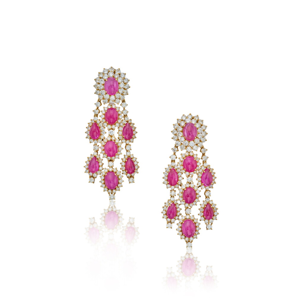 View full screen - View 1 of Lot 467. Pair of Gold, Ruby and Diamond Pendant-Earclips.