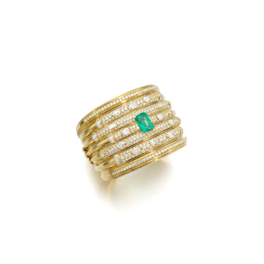 View full screen - View 1 of Lot 915. Emerald and diamond bangle.