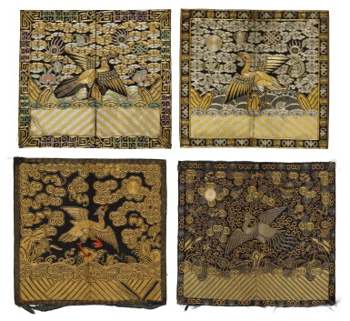 View full screen - View 1 of Lot 43. A group of five civil rank badges, Late Qing dynasty | 晚清 緞繡文官補子一組五件.