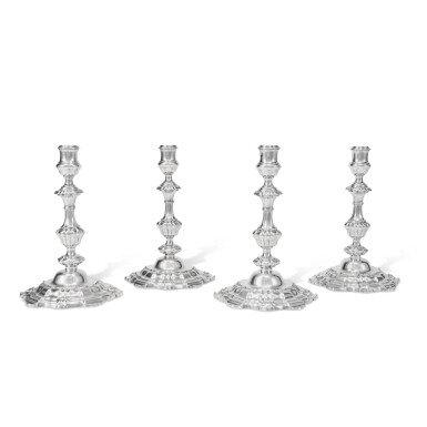 View full screen - View 1 of Lot 232. A Set of Four Unusual George II Silver Candlesticks, James Shruder, London, 1741.