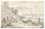 Traders and their laden donkeys resting outside an Italian riverside town