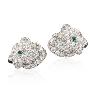 View full screen - View 1 of Lot 1816. 'Panthère' Pair of Emerald, Onyx and Diamond Earrings | 卡地亞 | 'Panthère' 祖母綠 配 縞瑪瑙 及 鑽石 耳環一對.