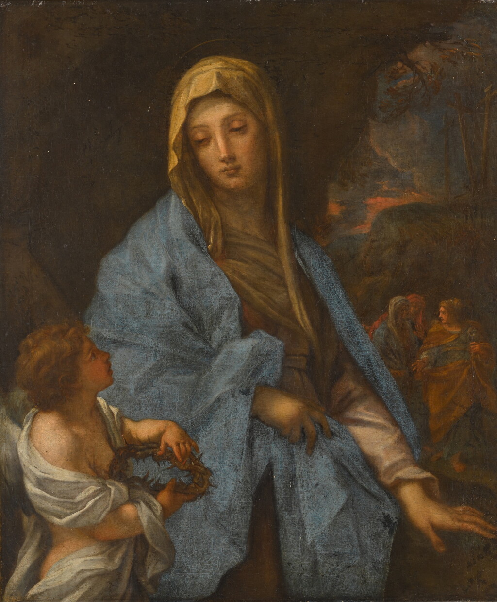 View full screen - View 1 of Lot 62. The Virgin with an angel holding a crown of thorns, Calvary in the distance.