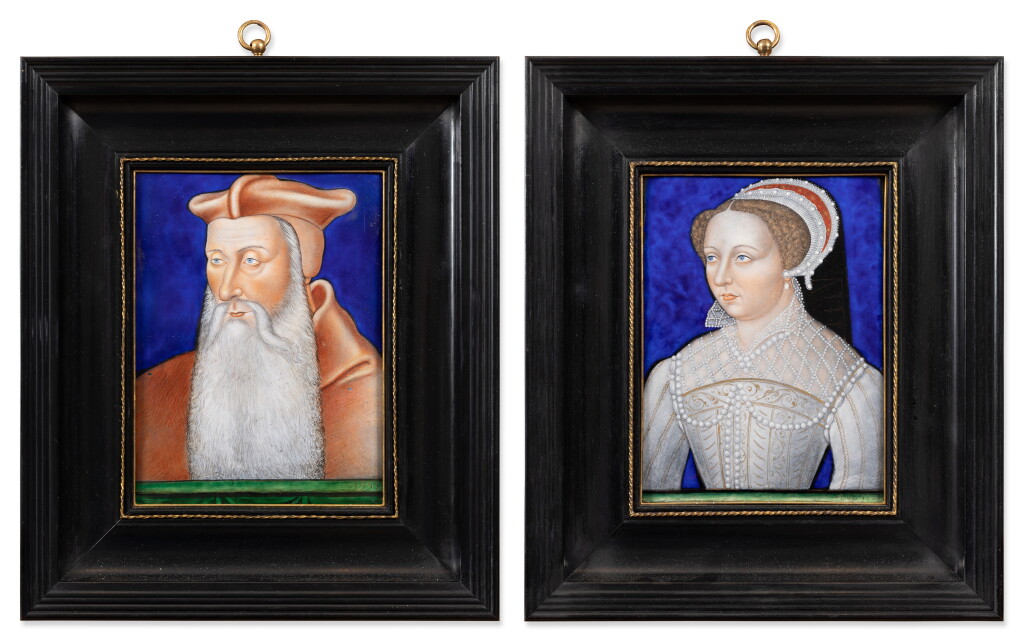 View full screen - View 1 of Lot 103. Two Limoges painted enamel portrait plaques of a Cardinal and a Lady, in the manner of Léonard Limosin (1505-1577), 19th century.