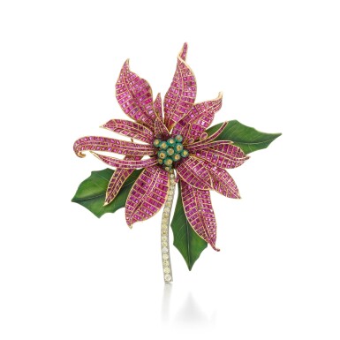 View full screen - View 1 of Lot 171. A ruby, emerald and coloured diamond brooch.