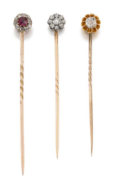 View full screen - View 1 of Lot 1116. THREE STICK PINS, 19TH CENTURY.