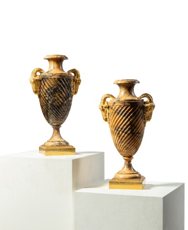 View full screen - View 1 of Lot 166. A pair of Louis XVI gilt-bronze and Sienna marble vases, circa 1780.